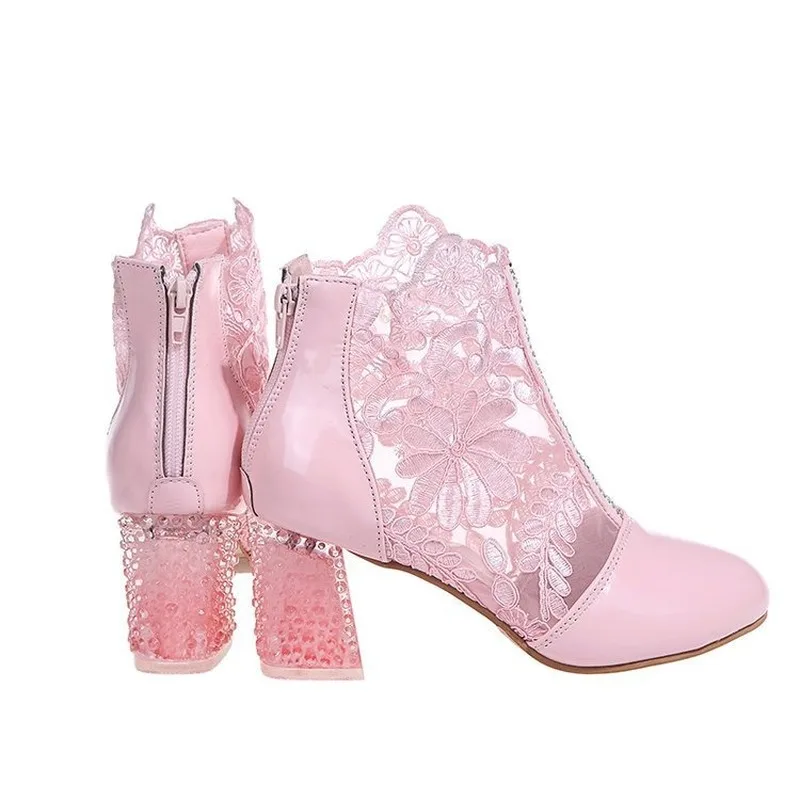 

New Sandals Boots Woman High Heeled Summer Shoes Women Sandals Lace Mesh 2021 Thick Heel Back Zipper White