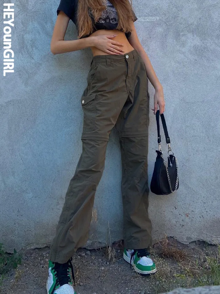 

HEYounGIRL Fashion Women Denim Trousers Casual Mid Waist Vintage Solid Cargo Jeans 2000s Girls Harajuku Long Pants Streetwear