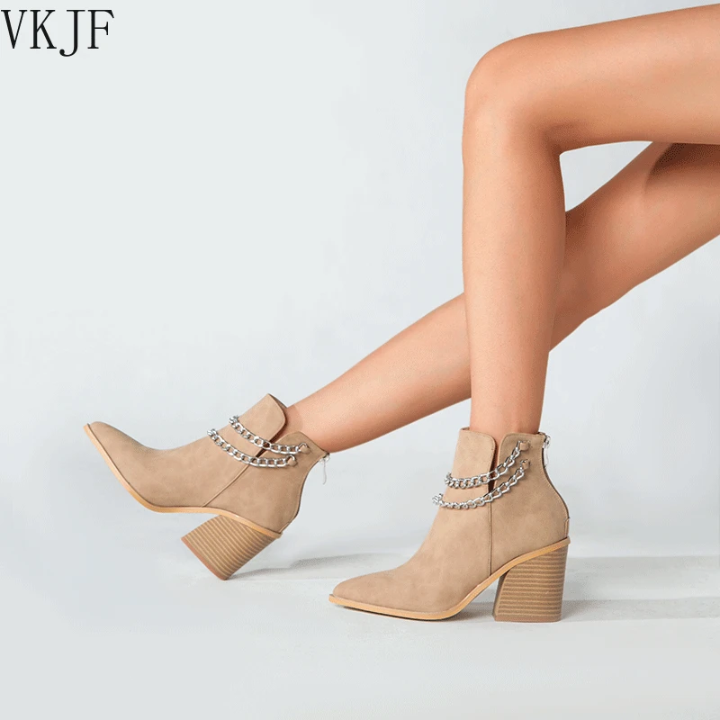 

Женские ботильоны на низком квадратном каблуке, с острым носком, на молнии