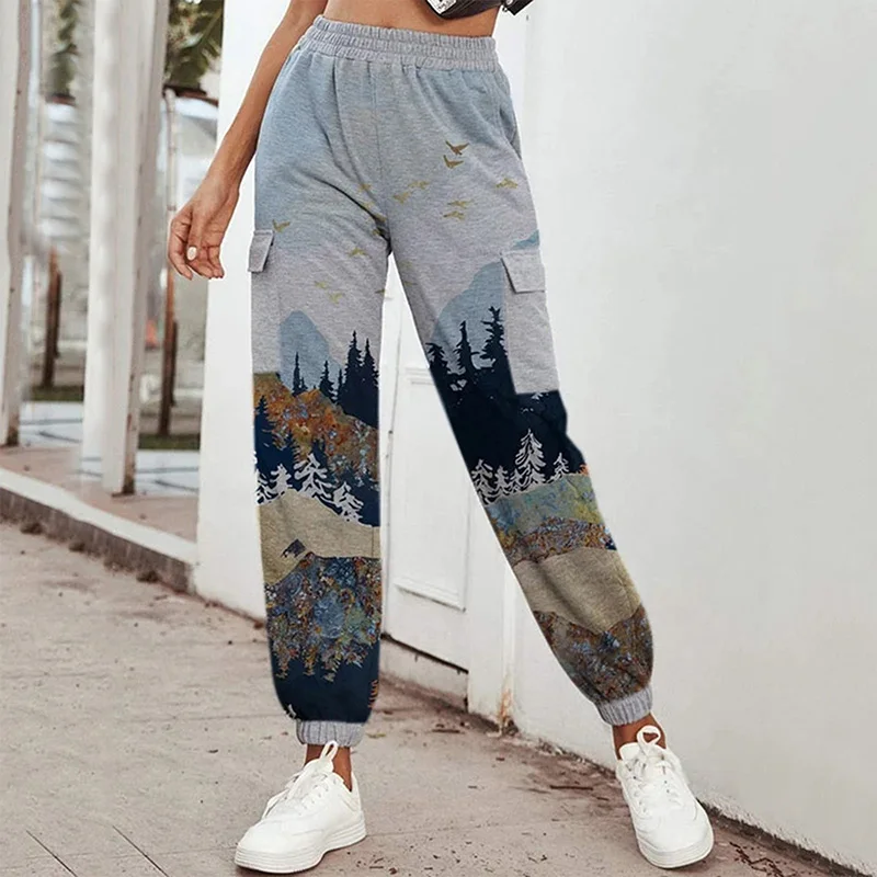 

Middle Waist Loose Casual Print Patchwork Women's Pants 2020 Autumn Winter New Sports Pant For Women Fashion Straight Trousers