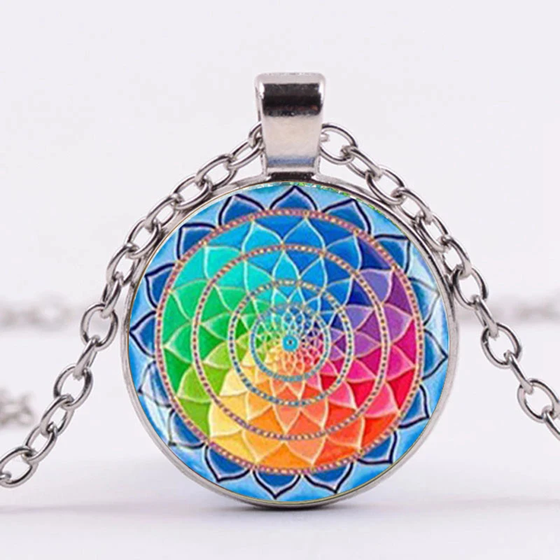 

Indian Sanskrit OM Symbol Necklace OHM OM AUM Buddha Lotus Silver Plated Flower of Life Mandala Art Glass Chain Jewelry