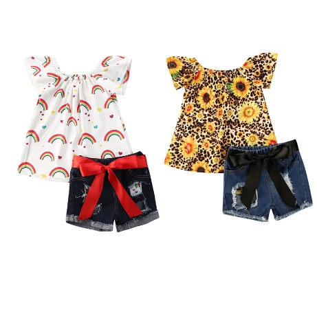 

2020 Summer Infant Baby Girls Clothes Sets Rainbow/Floral Print Ruffles Sleeve T Shirts Tops+Denim Shorts 1-5Y