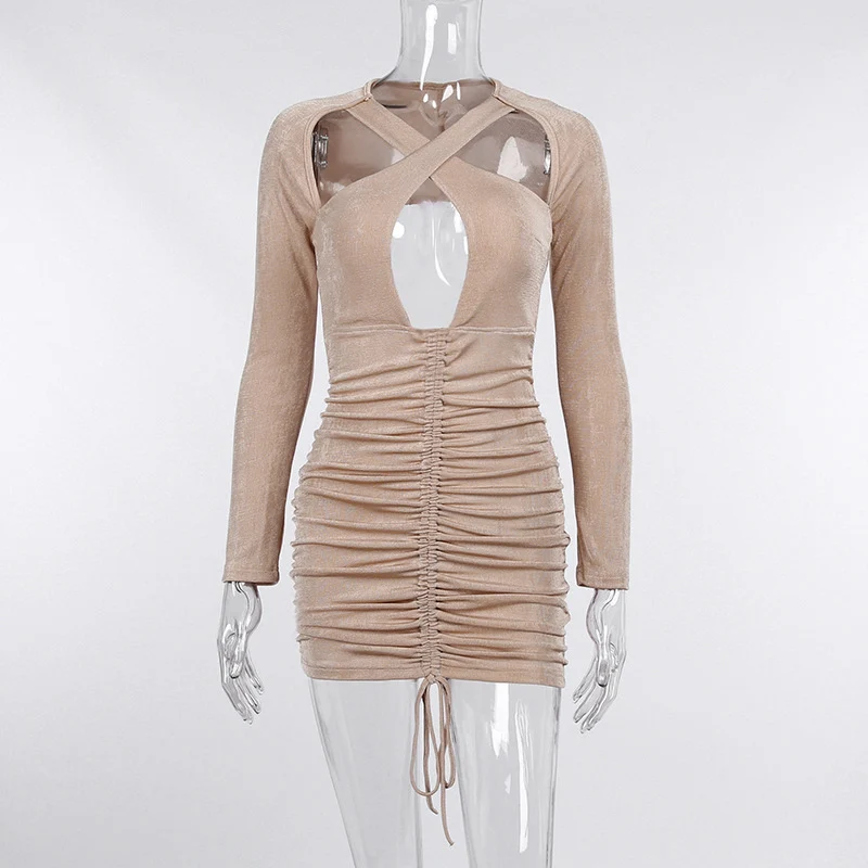 

FANIECES Sexy Cross Hollow Out Bodycon Drawstring Mini Dress Women Autumn Long Sleeve Shirring Skinny Solid Party Club Dresses