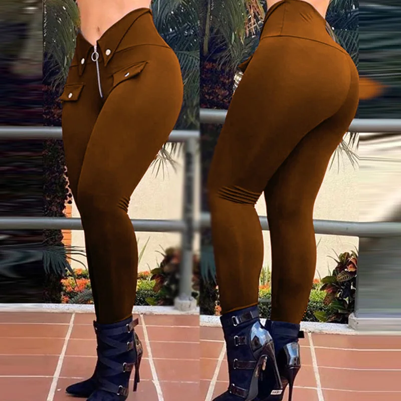 

High Street Women Skinny Zipper Pants Turn-down Waist Design Lift Hip Female Trouser 2021 Casual Slim Street Wear Long Pants