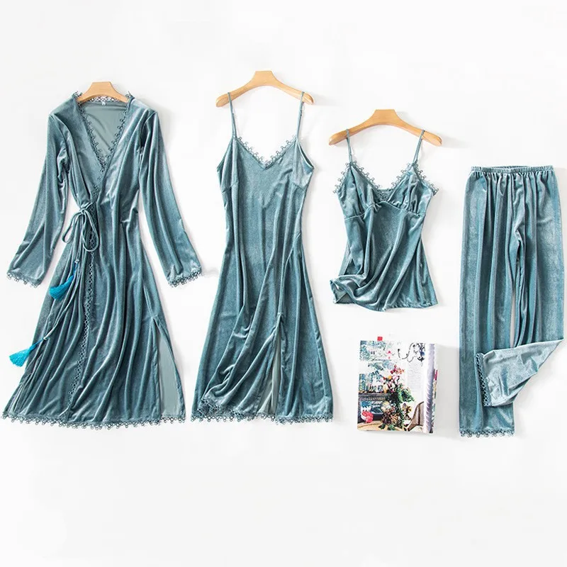 Новинка Женский бархатный пижамный комплект из 4 предметов зимняя теплая