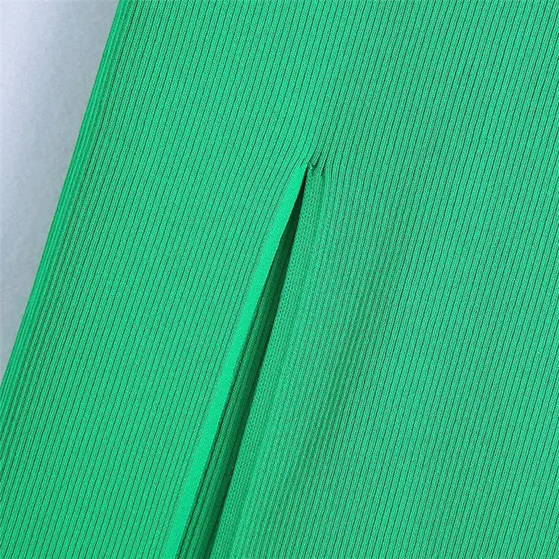 

Women 2 Pieces Skirt Sets Green Knitted Suit High Waist Skirt Elegant Set Woman Summer Casual Rib Cardigan And Midi Skirt