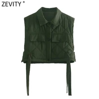 zevity women vintage turn down collar sleeveless short vest jacket ladies side bow tied casual pockets chic waistcoat tops ct678