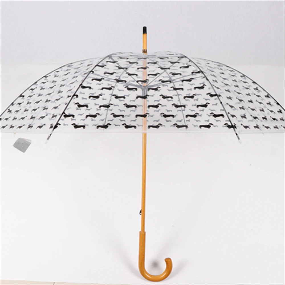 SHOWERSMILE Transparent Umbrella Rain Women Wooden Handle Parasol Dog Print Fashion Ladies Hanging Brand Adult Guarda Chuva - Цвет: black
