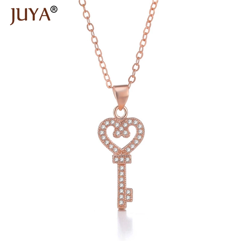 fashion statement necklaces for women Luxury Jewelry Copper Zircon Rhinestone Key Pendants Necklace Silver Femme