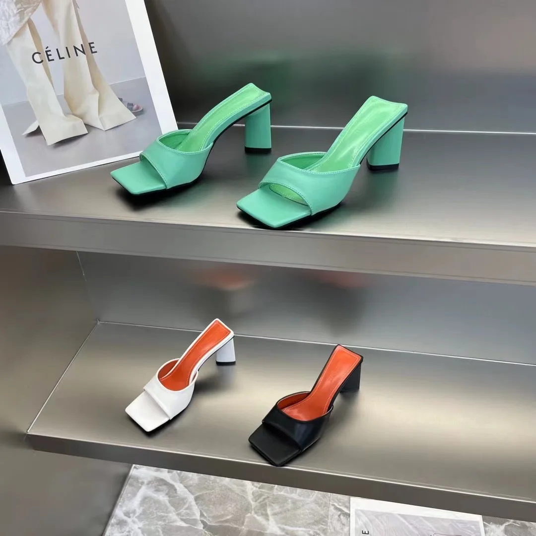 

Open Toe Women Slippers Solid Color Thick High Heels Slip On Mules Shoes Ladies Sandals Slides Party Pumps High Quality Size 39