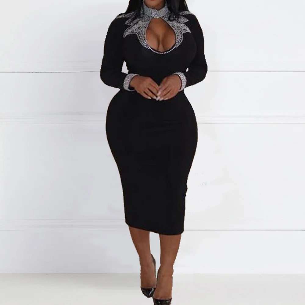Женское вечернее платье карандаш черное облегающее с длинным рукавом осень