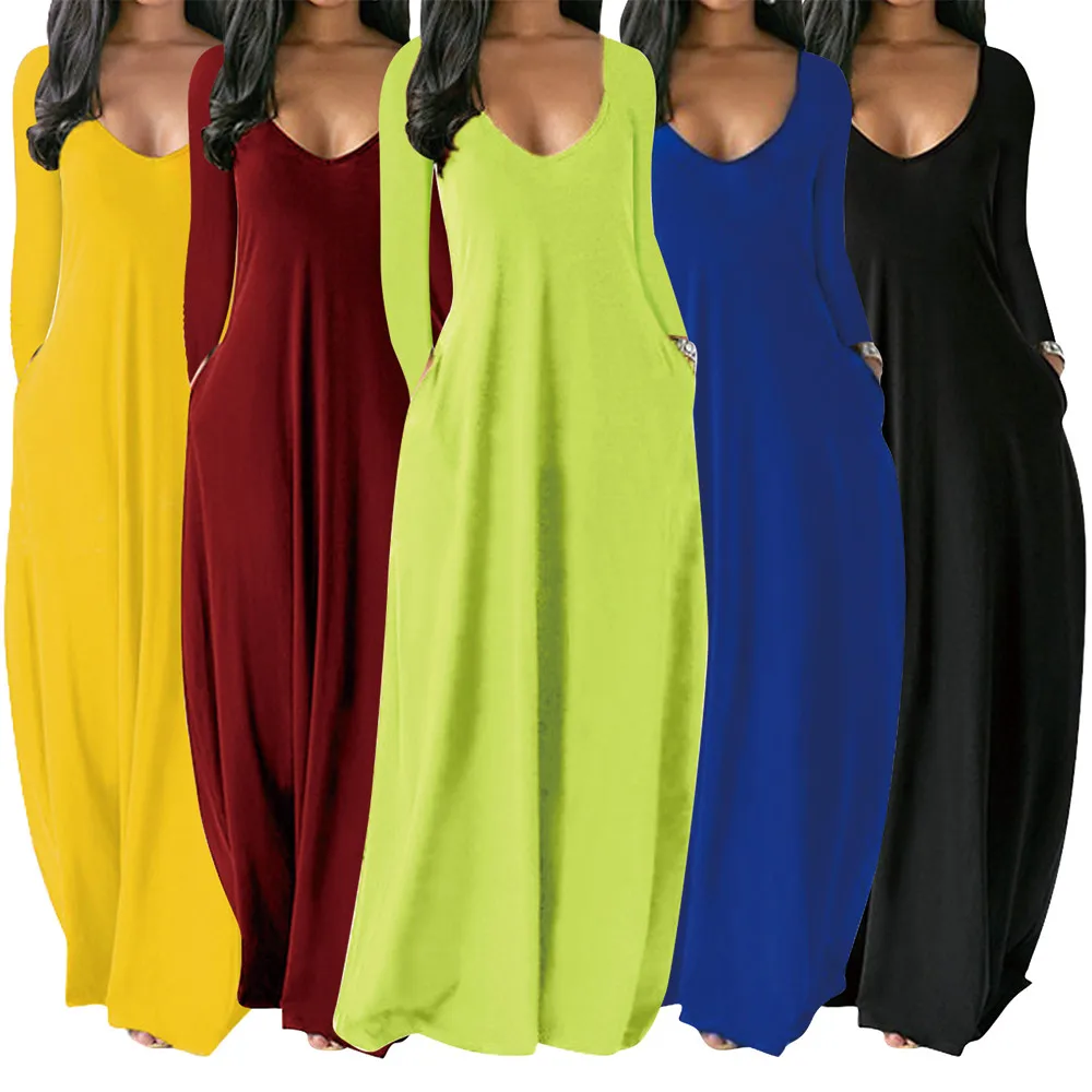 

Solid Women Casual Loose Floor Length Dresses Early Autumn Low Neck Long Sleeve Bohemian Dress Office Lady Side Pocket Vestidos