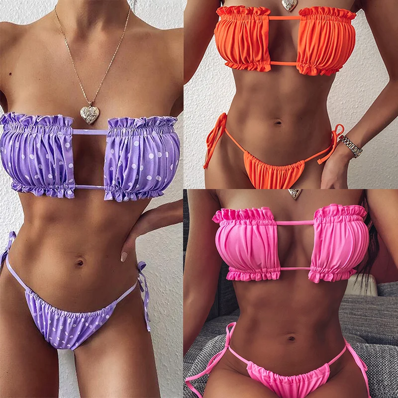 Летний купальник женская пляжная одежда бикини с открытыми плечами и складками