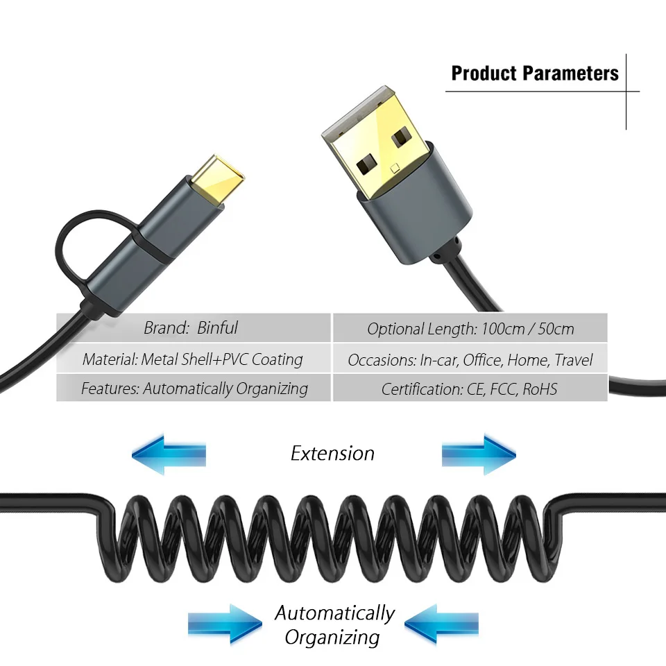 USB кабель для передачи данных 2 в 1 портативный с пружиной Micro Тип C быстрая зарядка