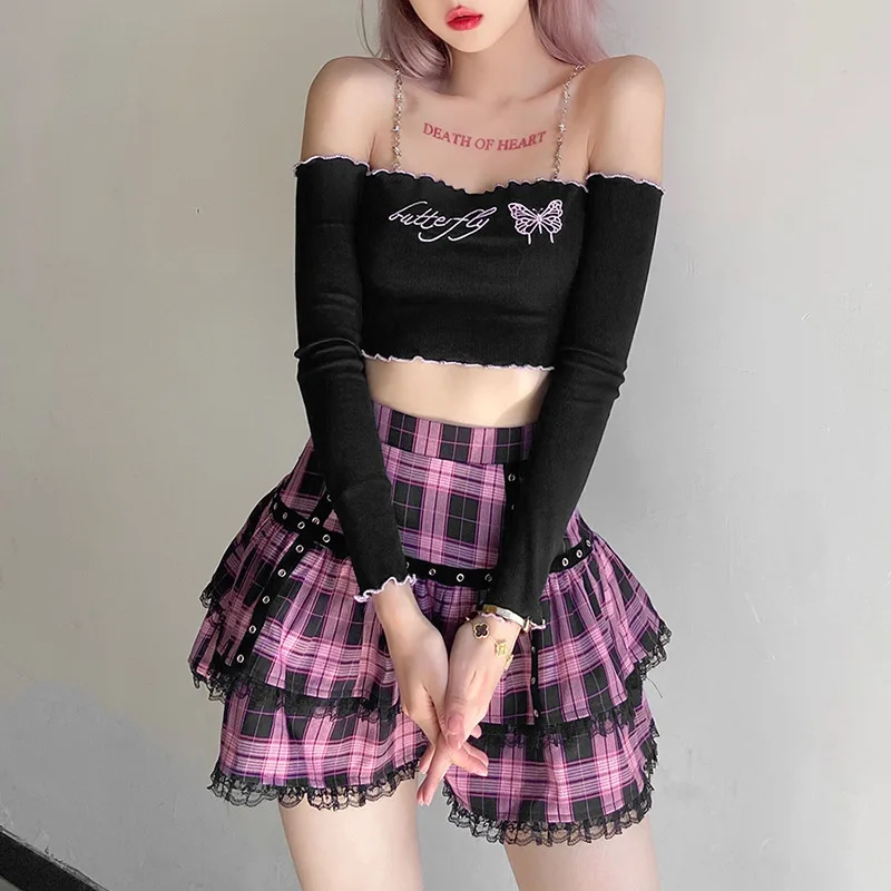 

2021 Retro Pastel Gothic Plaid Women Sexy Mini Skirts Harajuku Grunge Aesthetic E-Girl Pleated Lace Trim Skirt Summer Partywear