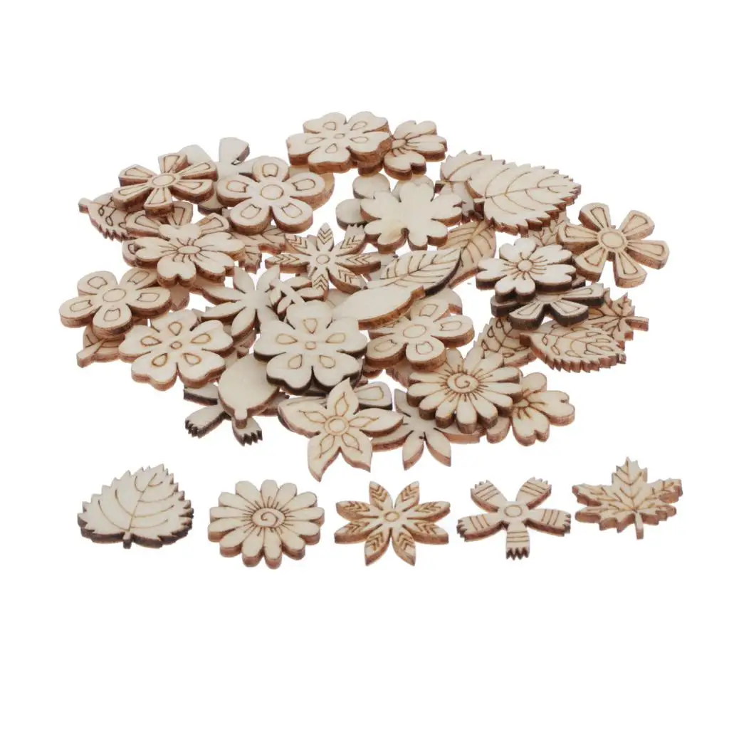 

Wooden Embellishments Cut Blanks Slices 50pcs Flower Shapes Nature Decorations