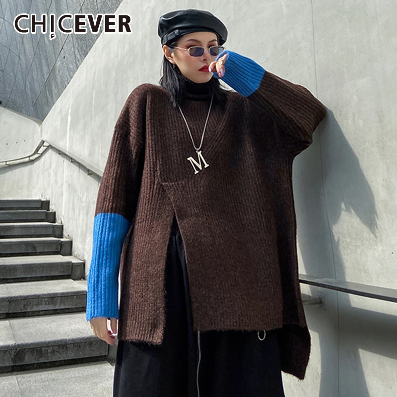 CHICEVER пэчворк хит цвет вязаный свитер для женщин О-образный вырез длинный рукав