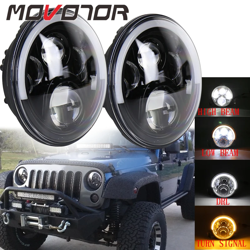 MOVOTOR 7 Inch LED Headlights with Amber Halo Turn Signal White DRL fit 2007-2017 Jeep-Wrangler-Unlimited JK 4 door & JK 2 door
