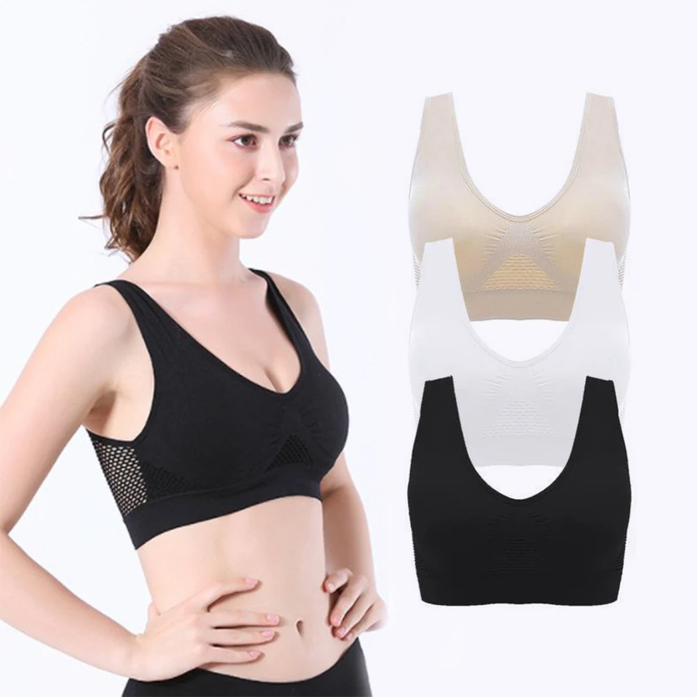 

3PCS 6XL Air Permeable Cooling Sport Wireless Bra Padded Gym Fitness Athletic Running Tops Underwear Workout Vest Tank