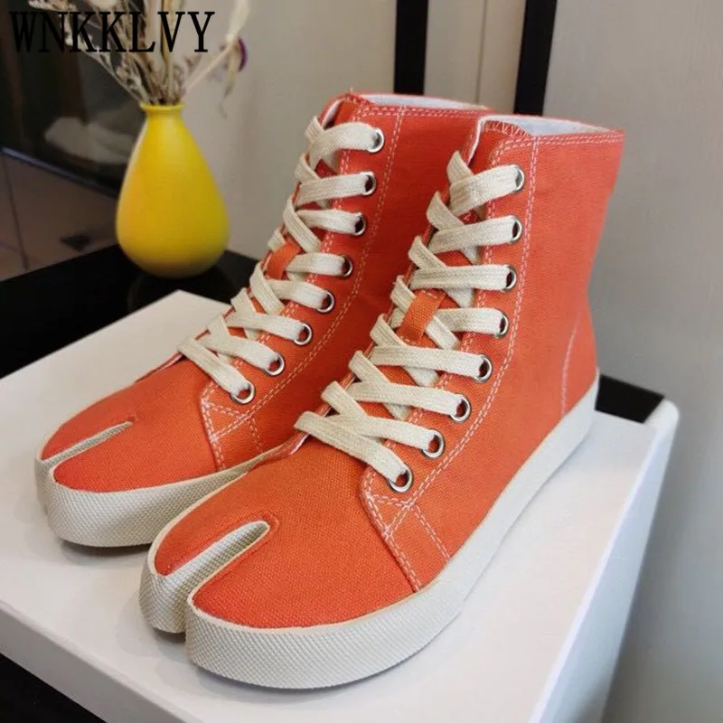 

Spring High Top Split Toe Casual Shoes Women Thick Sole Lace Up Canvas Sweety Color Comfort Pig Trotter Horseshoe Flat Shoes