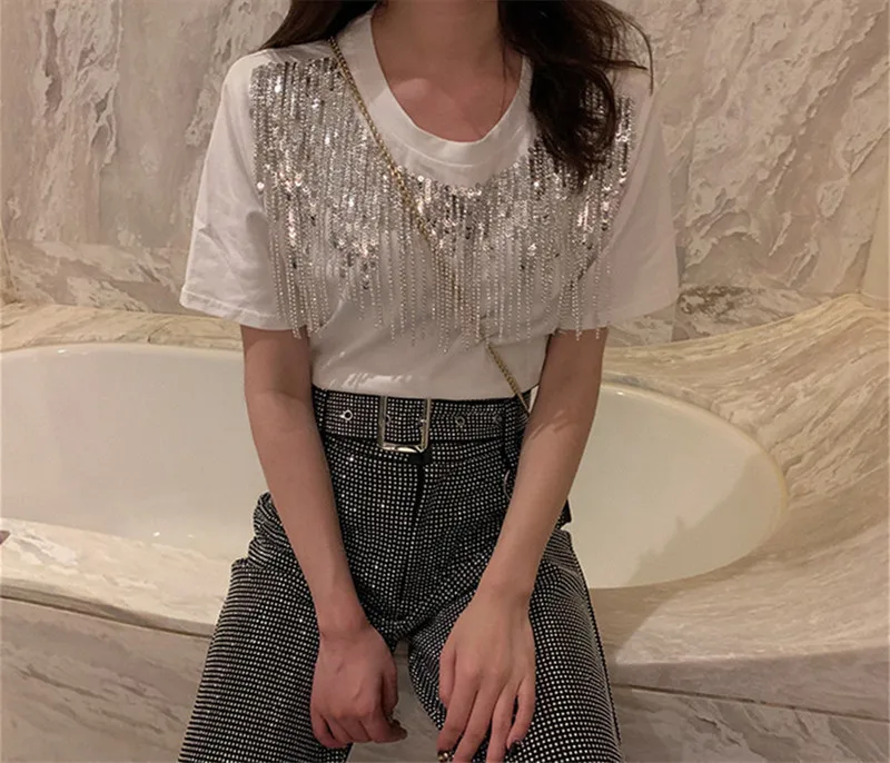 

2019 New Style Spring Summer Round Collar Short Sleeve Solid Colors Sequin Nail Tassel T-shirt Women E082