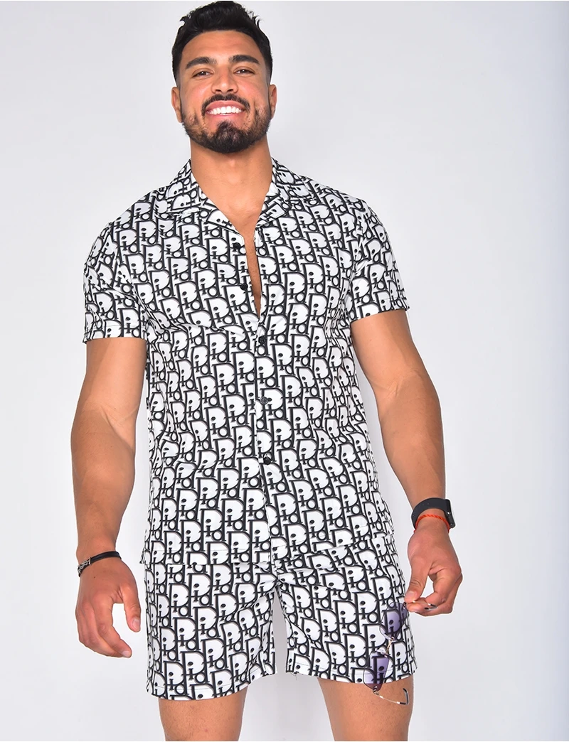 

Hawaiian Men Sets Letter Print Turn-down Collar Button Shirt+Beach Shorts Summer Men's Daily Street Wear Suit Brand Two-piece