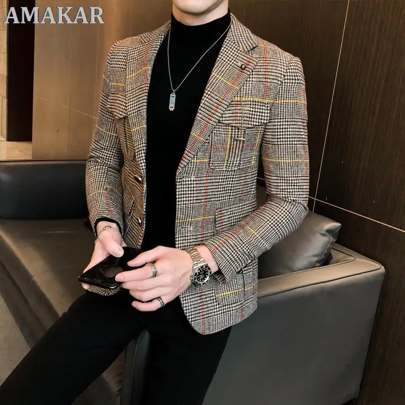 

Men 's High Quality Business Suit / Male Slim Fit Plaid Leisure Blazers / Man Plaid Jackets Plus 2022 Brand Clothing Size S-3XL