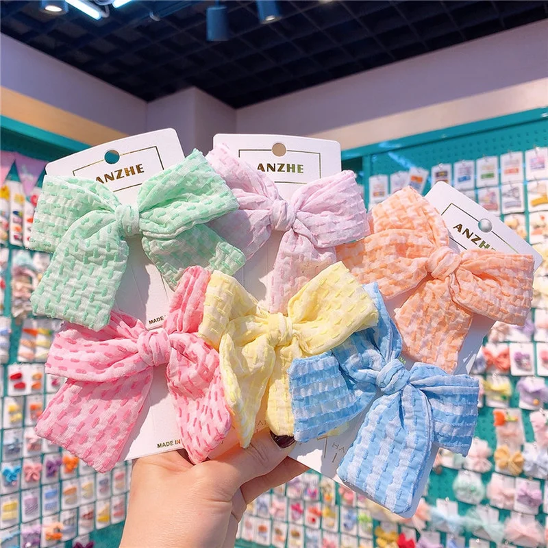 

2021 New Sweet Girl Colorful Striped Bow Hairpins Headdress Korean Fashion Fresh Children's Duckbill Clip Hair Accessories