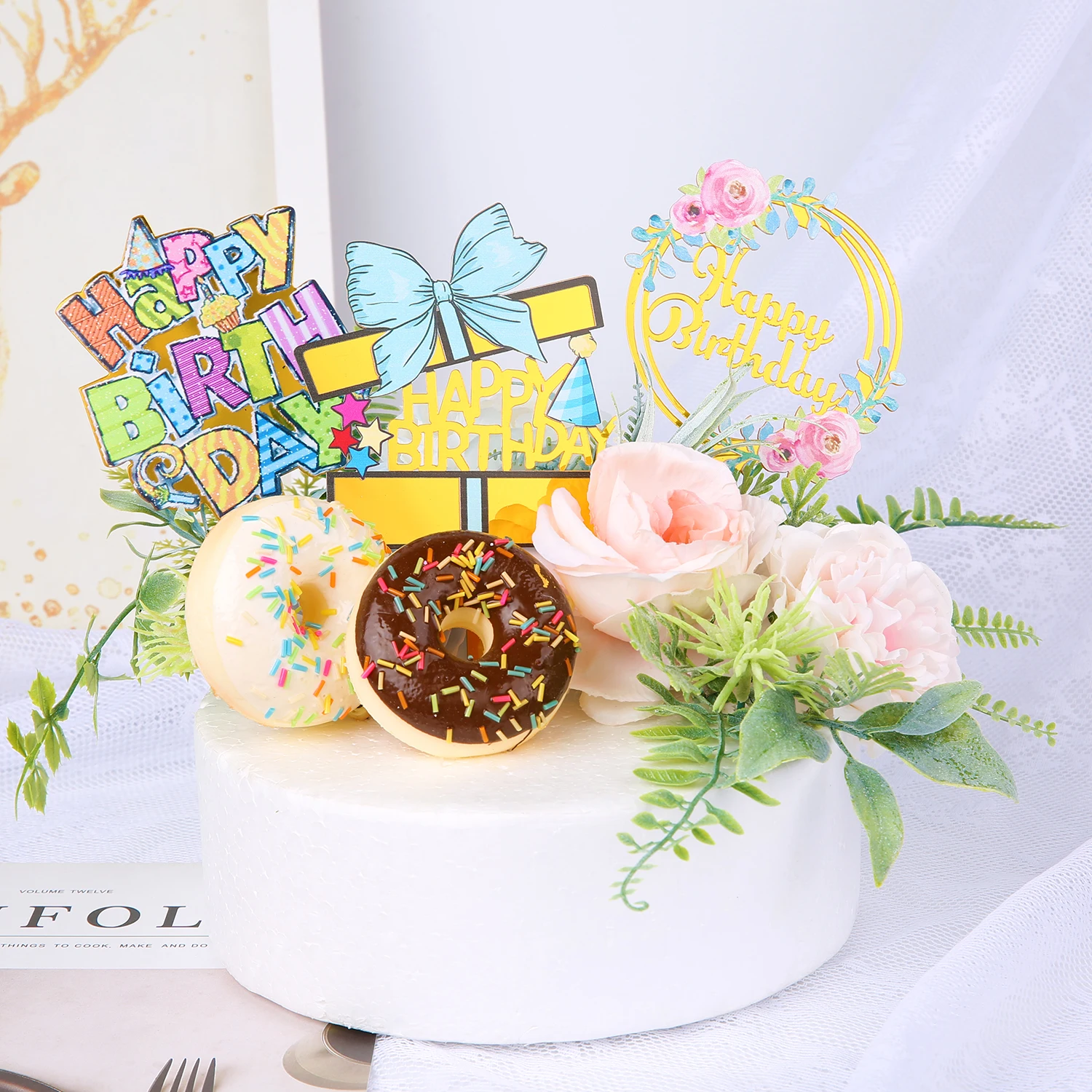 

Acrylic Cake Topper Happy Birthday Cake Topper Colored Flowers Party Decoration For Baby Shower Baking Supplies Cupcake Toppers