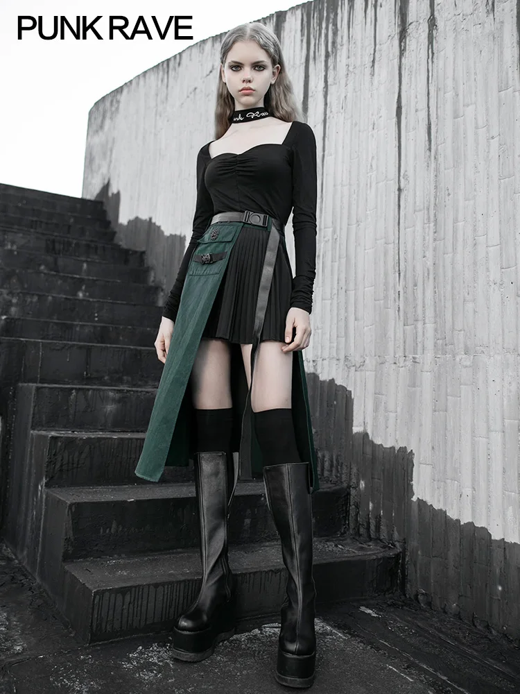 PUNKRAVE Street трендовая красивая тонкая плиссированная черная зеленая юбка с высокой