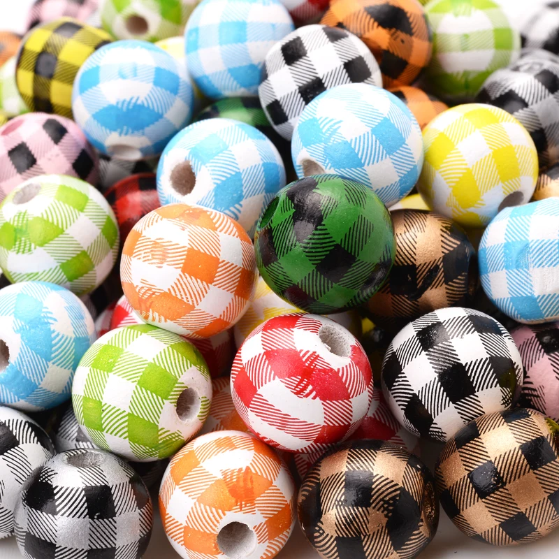 

50Pcs Multicolor Grid Pattern Round Wood Beads Unfinished Lead-Free Wooden Beads For Jewelry Making DIY Bracelet Accessories