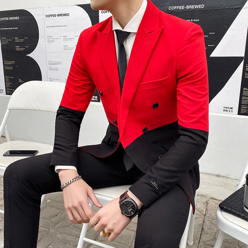 

Terno 2020 New Stitching Contrast Color Mens Party Streetwears Men Slim Suit Stage Tuxedo Designer Slim Double-Breasted Suit Men