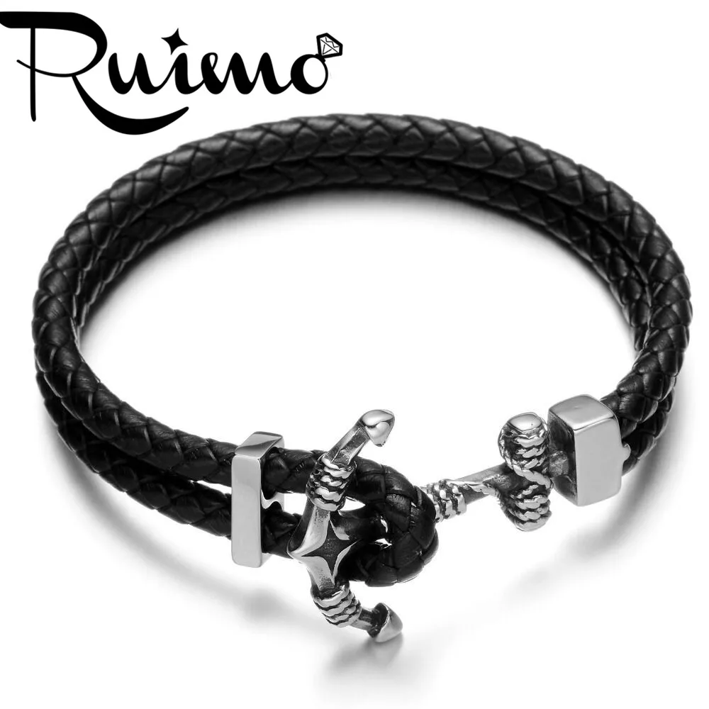 RUIMO якорь браслет для мужчин из нержавеющей стали крючок выживания Паракорд кожаный браслет