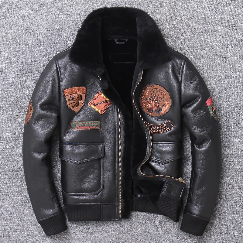 

DHL Original Genuine Sheepskin Men's Short Flight Suit Leather Jacket, Motorcycle Leather Slim-Fit Jacket Coat Winter Clothing