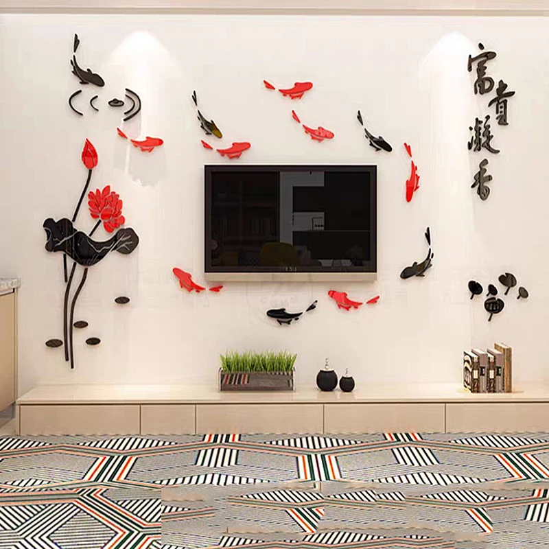 Акриловые 3D наклейки на стену в виде рыбки лотоса для гостиной китайском стиле ТВ