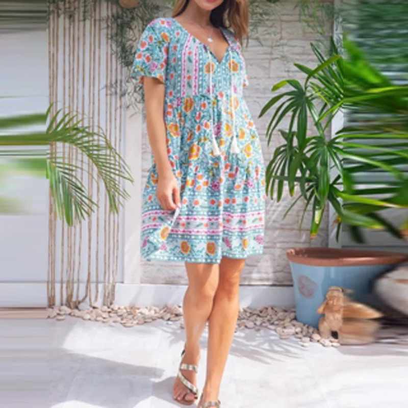 

Retro Floral Print V Neck Tassel Party Dress 2021 Summer Short Sleeve Loose Women Dress Spring Elegant Sexy Beach Dress Vestidos