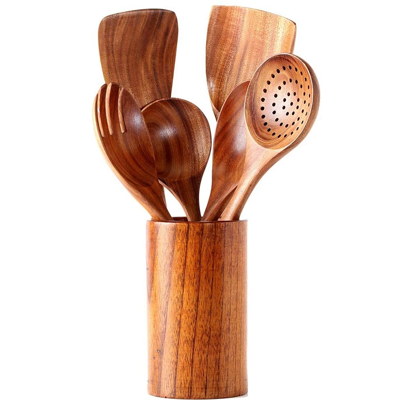 

Набор кухонной утвари, набор деревянной посуды, антипригарный кухонный инструмент, деревянная ложка и лопатка, вилка для салата с деревянно...