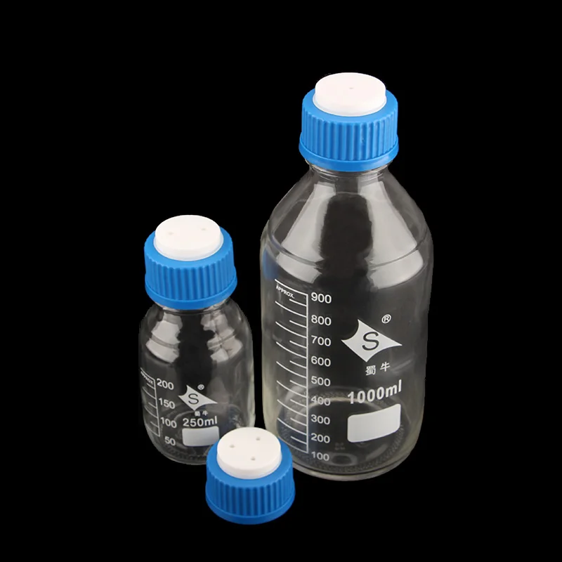 Glass Mouth Bottle Blue Cap Reagent Bottle 100-1000mll Transparent Mobile Phase Liquid Bottle 1 / 2 / 3 Hole Solvent Bottle