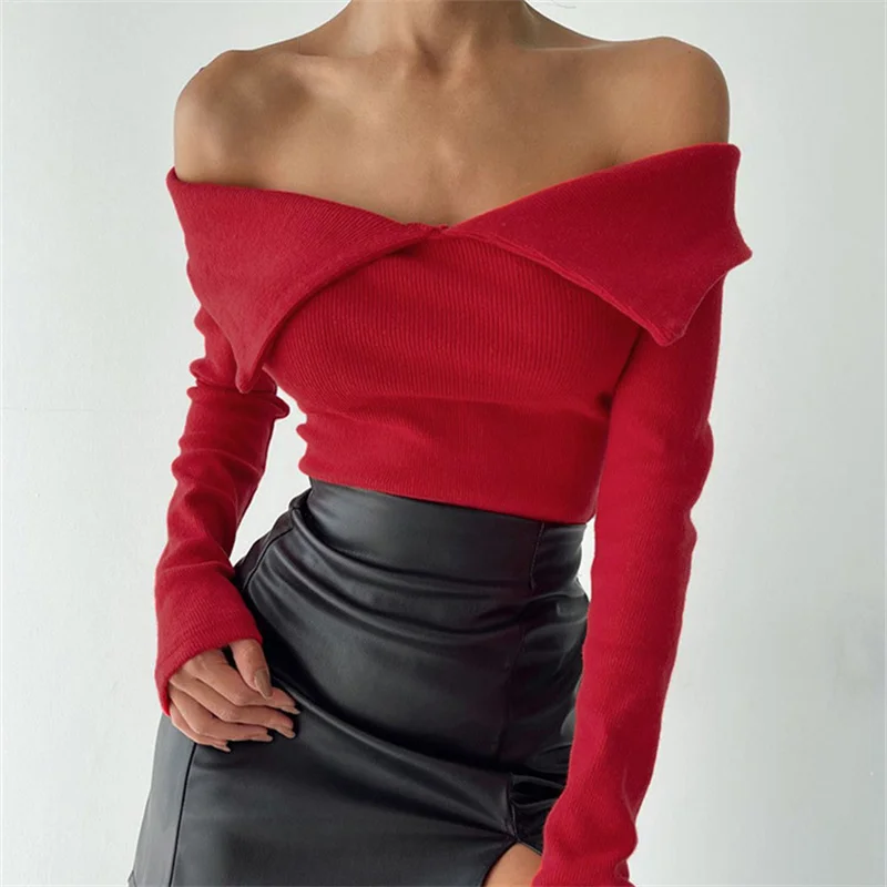 

CHRONSTYLE Off Shoulder Long Sleeve T-shirts 2022 Autumn Women Slash Neck Slim Ribbed Tops Office Lady Club Pullover Tees Shirts