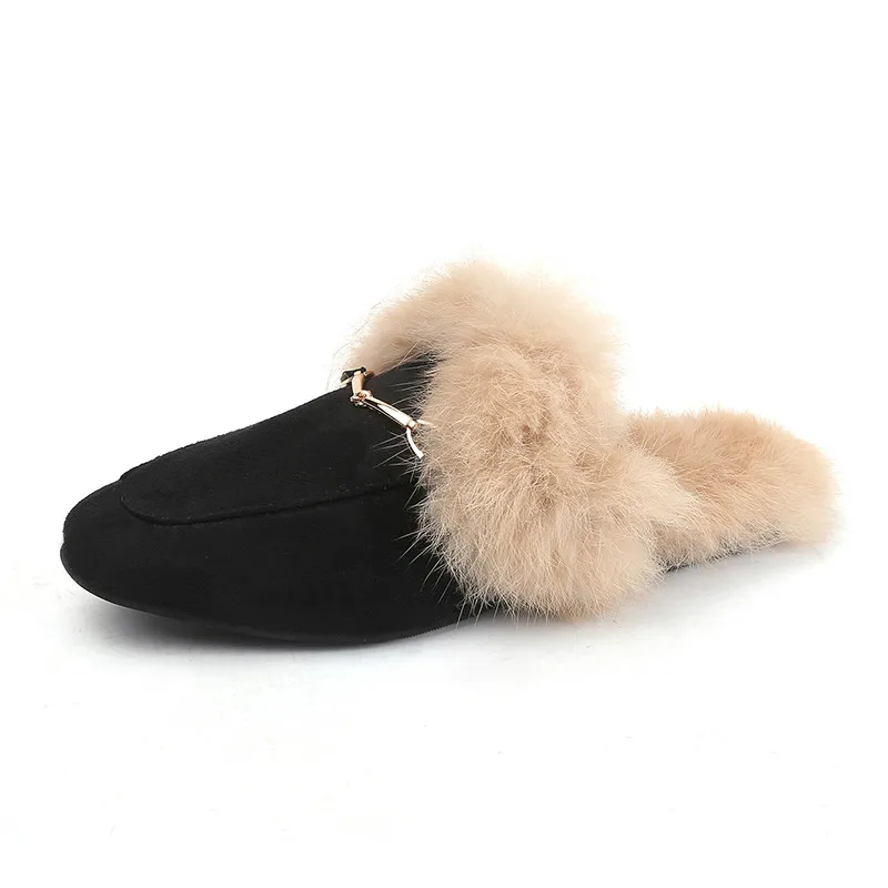 New Women Spring Plush Slippers Square Toe Real Rabbit Fur Flip Flops Fuzzy Slippers Mules Slipper Suede Slides Loafer P115