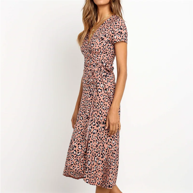 

ZOGAA Leopard Dress Women Sexy V-neck Bodycon Party Dress Summer Elegant Long Casual Beach Dress Short Sleeve Vintage Vestidos