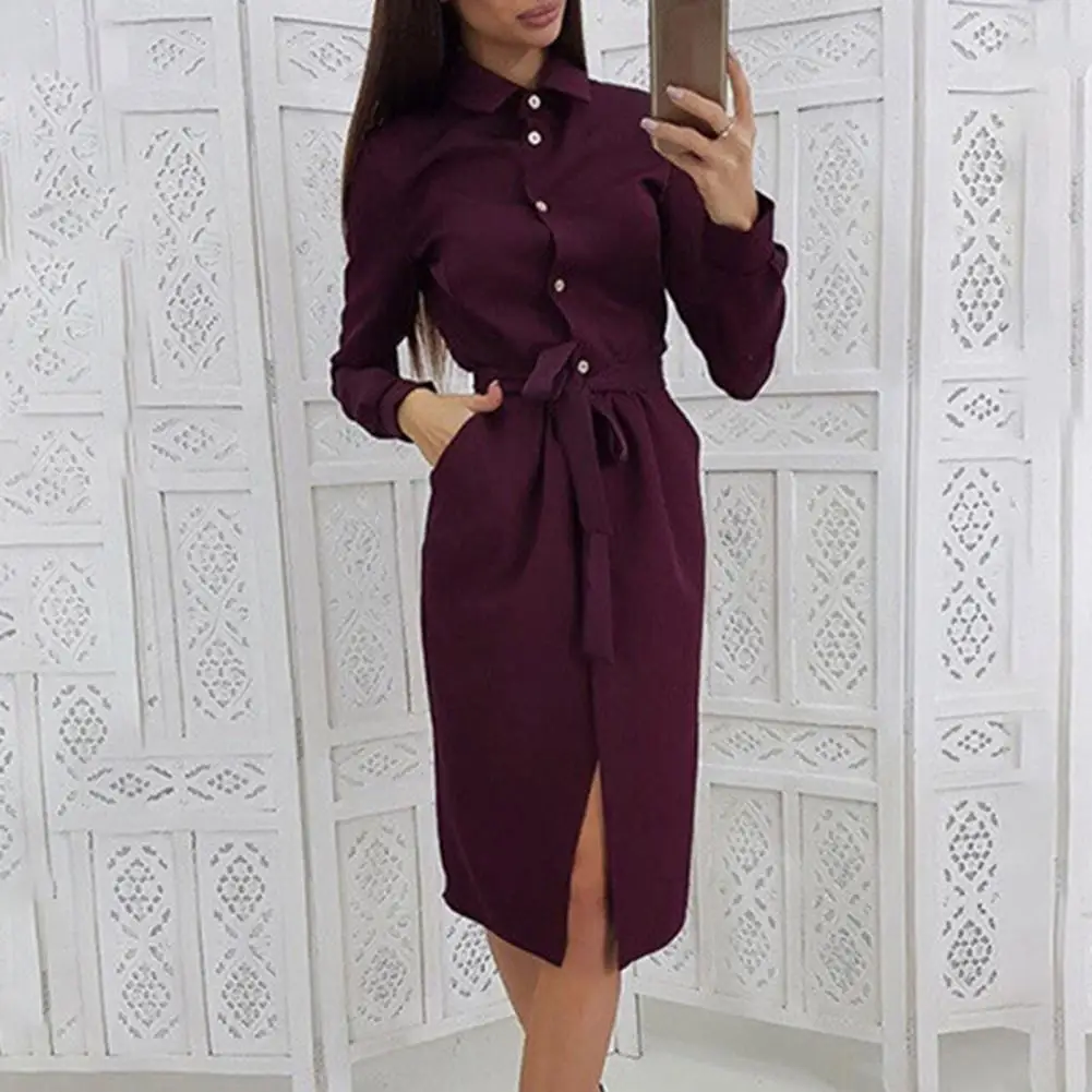 

Dresses Women Long Sleeve Summer fashion Turn Down Collar Belt Single-breasted Knee-length Shirt Dress Women's Clothing 2021