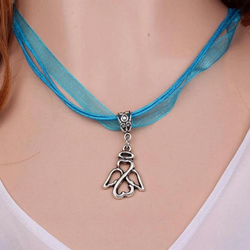 Vintage Silver Opal Angel Necklace Cupid Pendant Statement Imperial Crown Choker Hollow Ange Organza Jewelry Gift | Украшения и