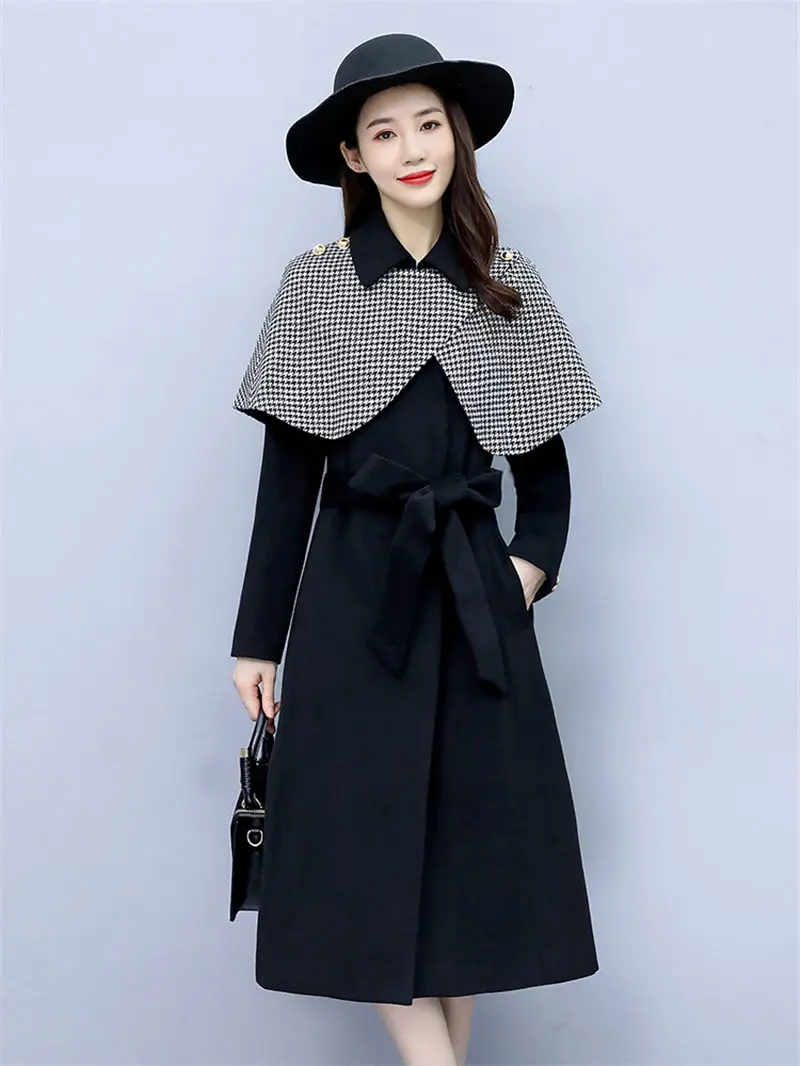

Cloak Woolen Coat Women's Mid-Length Autumn And Winter New French Retro Shawl Slim Windbreaker Bandage Casaco Feminino Top y1360
