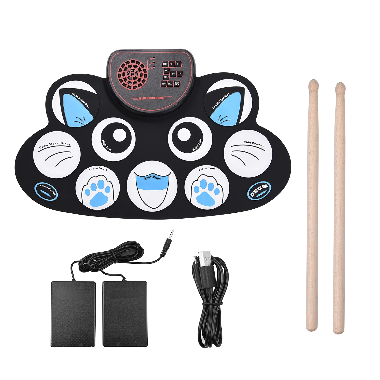 

NEW Folding Electronic Drum Pad Silicon Digital Drum 9 Songs 10 Rhythms 3.5mm Microphone Input with Foot Pedals Drum Sticks