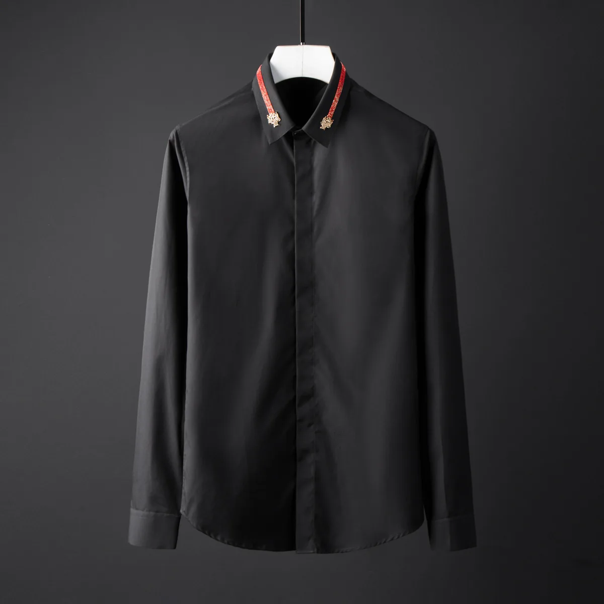 

Color Plus Solid Size 3XL 4XL Collar Long Sleeve Mens Dress Luxury Slim Fit Party Shirts Man