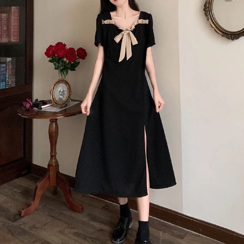 

2021 New Fashion Temperament Women’s Casual Short Sleeve Dress Fashion Solid Color Bandage Square Collar Split Mid-length Dress