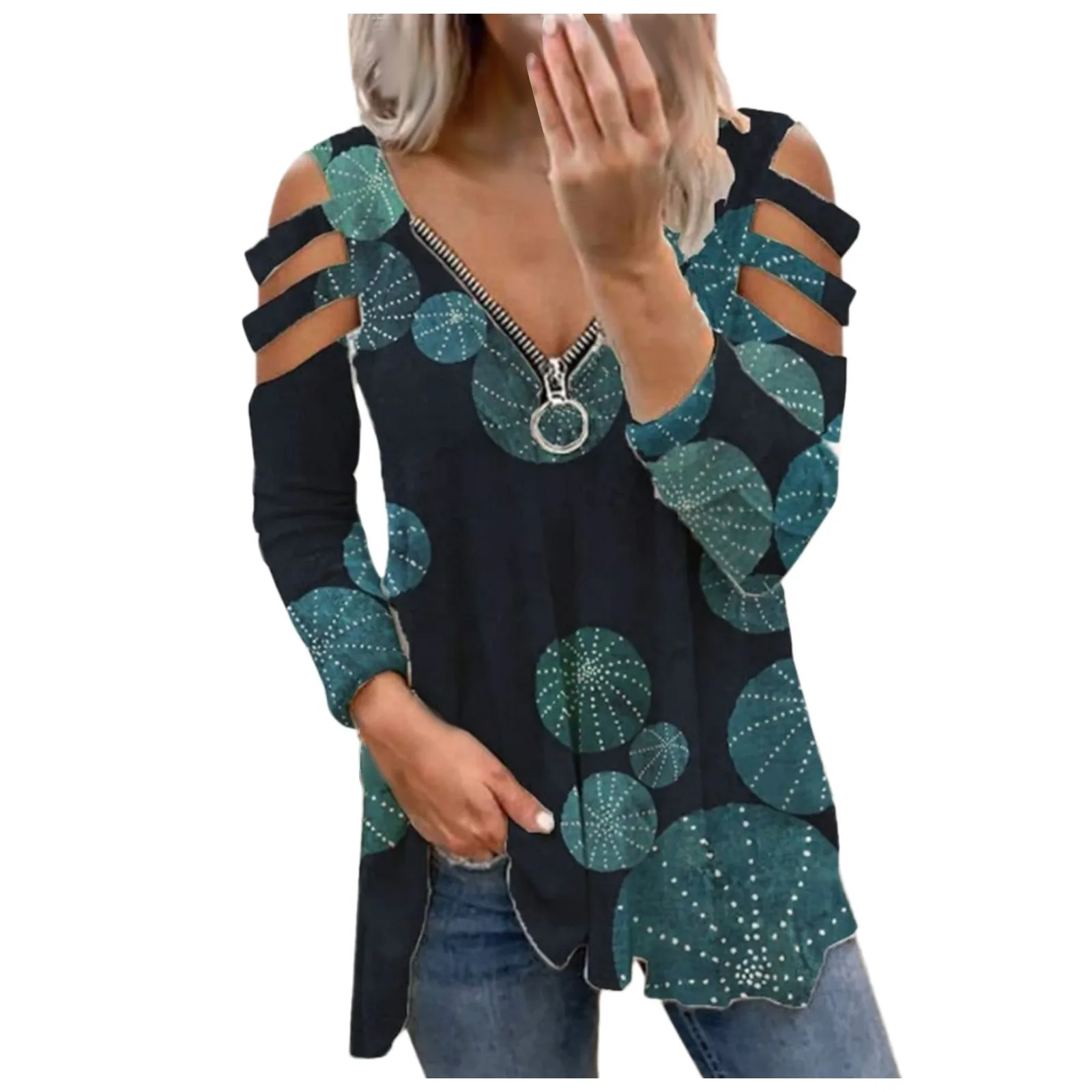 

Womens Sexy Shoulder Hollow Shirts V-neck Zipper Fold Casual Tops Tunics Tee Shirst Camisetas De Mujer R5