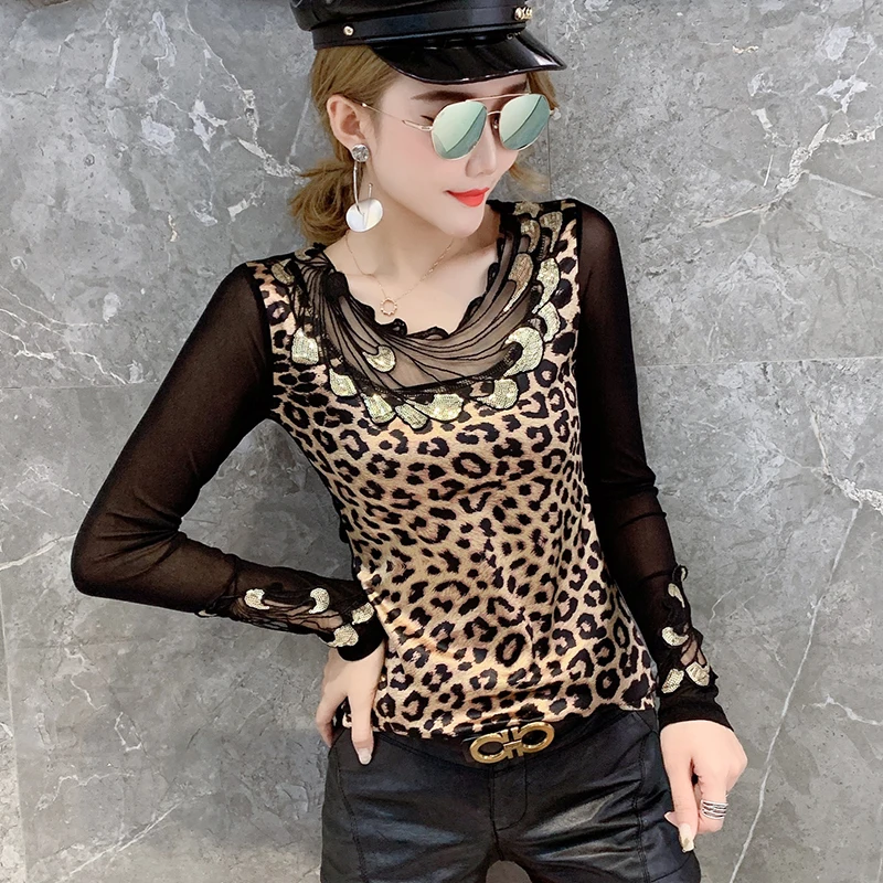Леопардовая футболка Женская Осенняя сетчатая Лоскутная аппликация вышивка