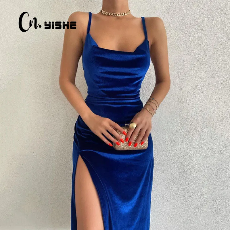 

CNYISHE Sexy Velvet Sling Dresses Women Birthday Party Spaghetti Strap Midi Dress 2022 Sleeveless Side Split Elegant Velvet Robe